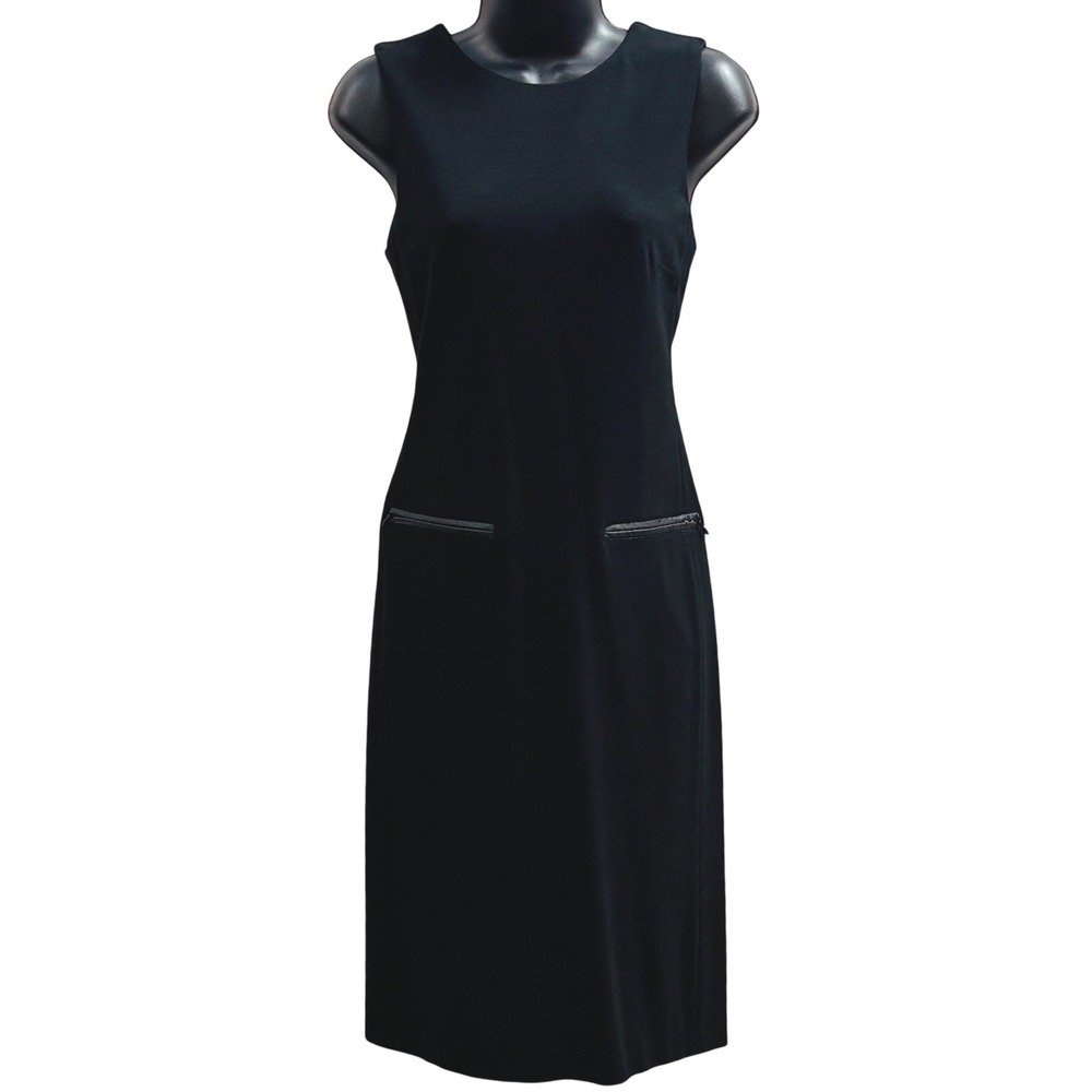Talbots Womens Black Ponte Knit Sleeveless Sheath Dress Size 2 Faux Leather Trim